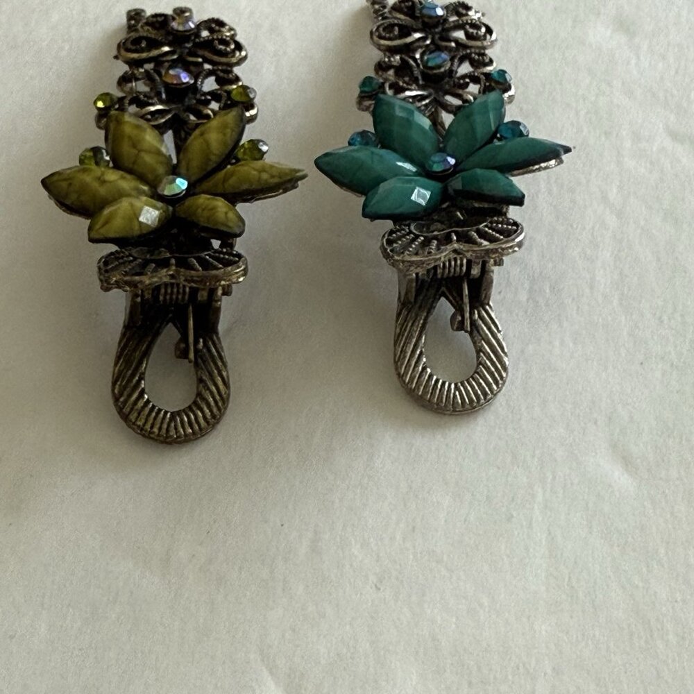 Vintage Flower Hair Clip Clamp Filigree Hair Decor 3" Metal Stone Set of 2 - Picture 5 of 6